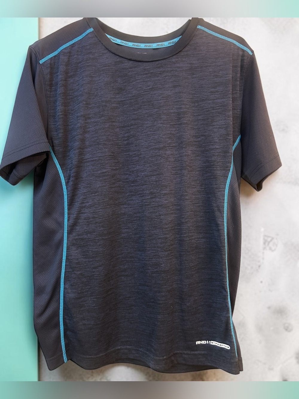 And1 Navy Heather Short Sleeve Performance Tee with Teal Piping
